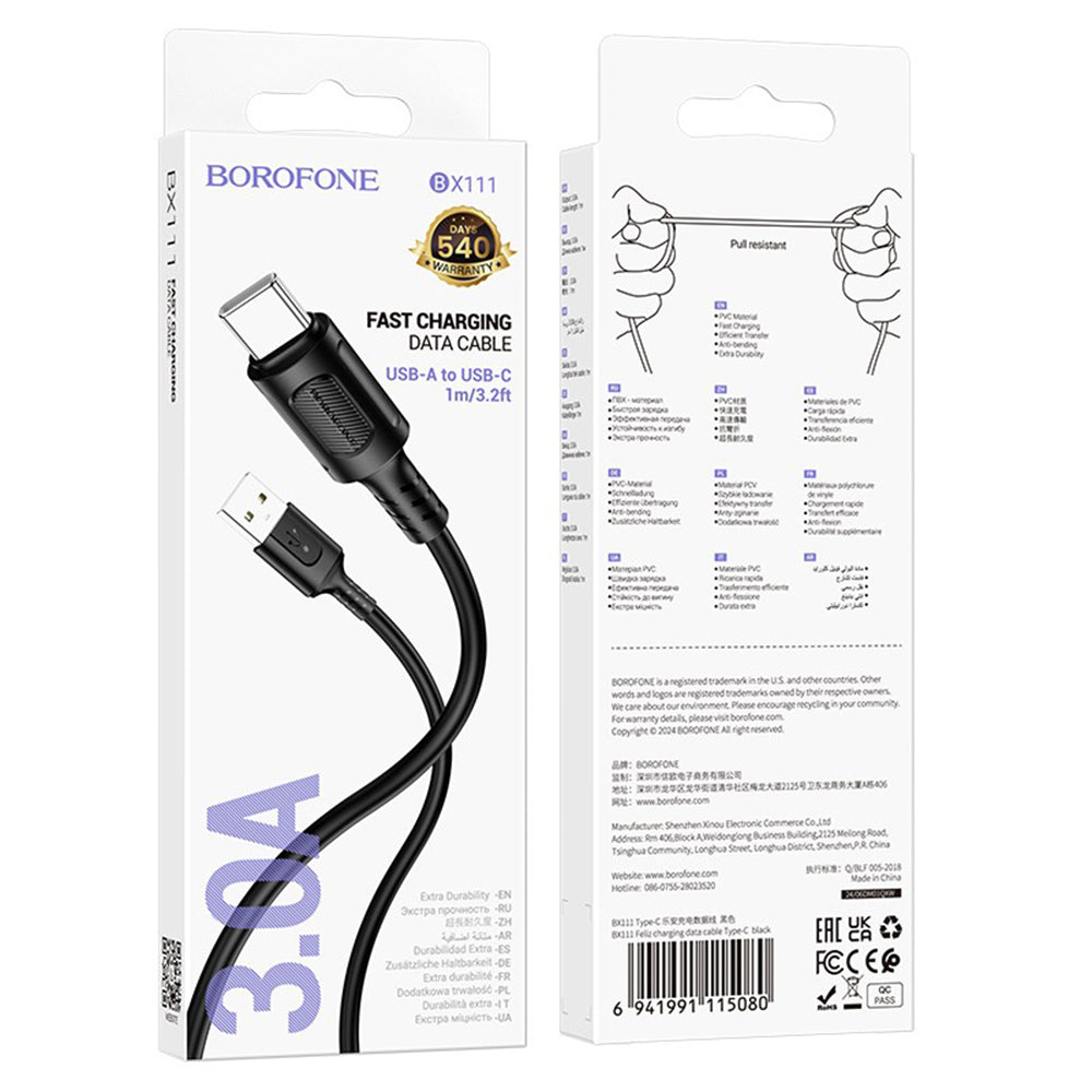 Kabel za podatke in polnjenje USB-A - USB-C Borofone BX111 Feliz, 20W, 1m, črn