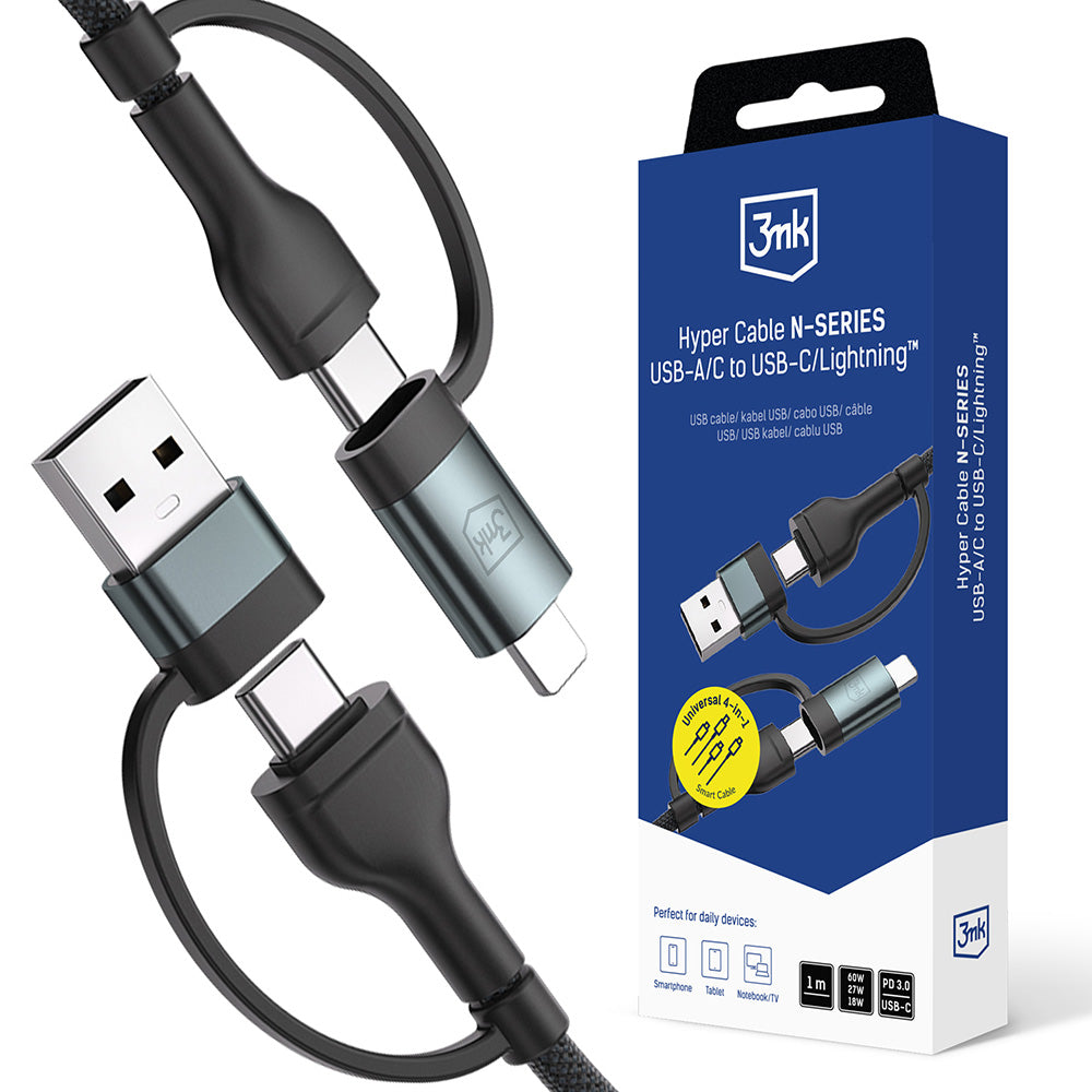 Kabel za prenos podatkov in polnjenje USB-A / USB-C - USB-C / Lightning 3MK Hyper N, 60W, 1.2m, črn