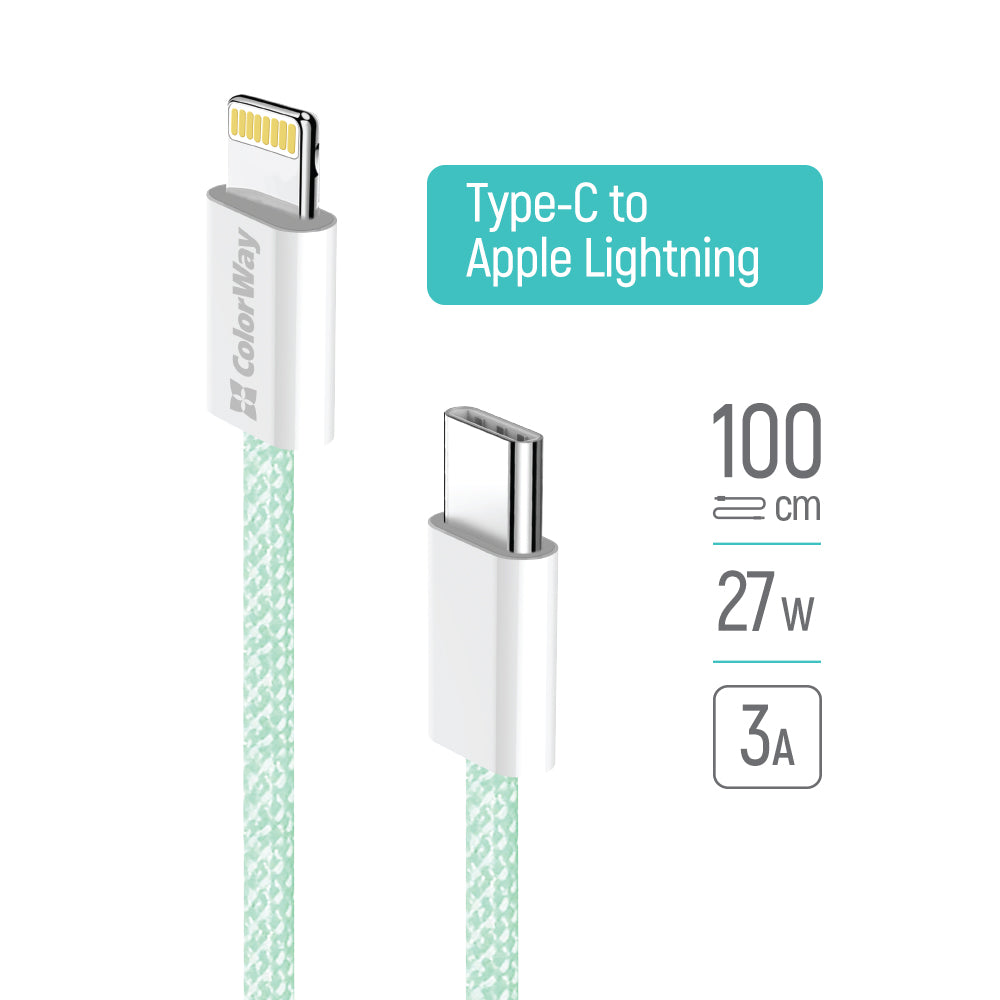 Kabel za podatke in polnjenje USB-C - Lightning ColorWay CW-CBPDCL061, 27W, 1m, zelen.