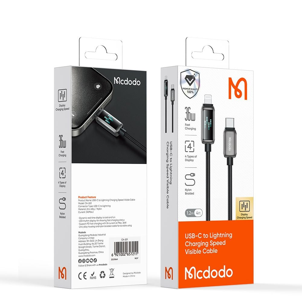 Podatkovni in polnilni kabel USB-C - Lightning McDodo CA-2630 Display, 36W, 1.2m, črn