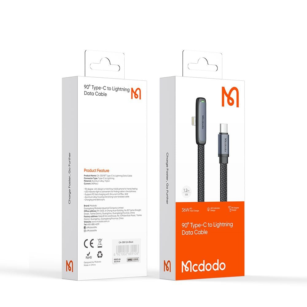 Podatkovni in polnilni kabel USB-C - Lightning McDodo CA-3350 Angled, 36W, 1.2m, črn