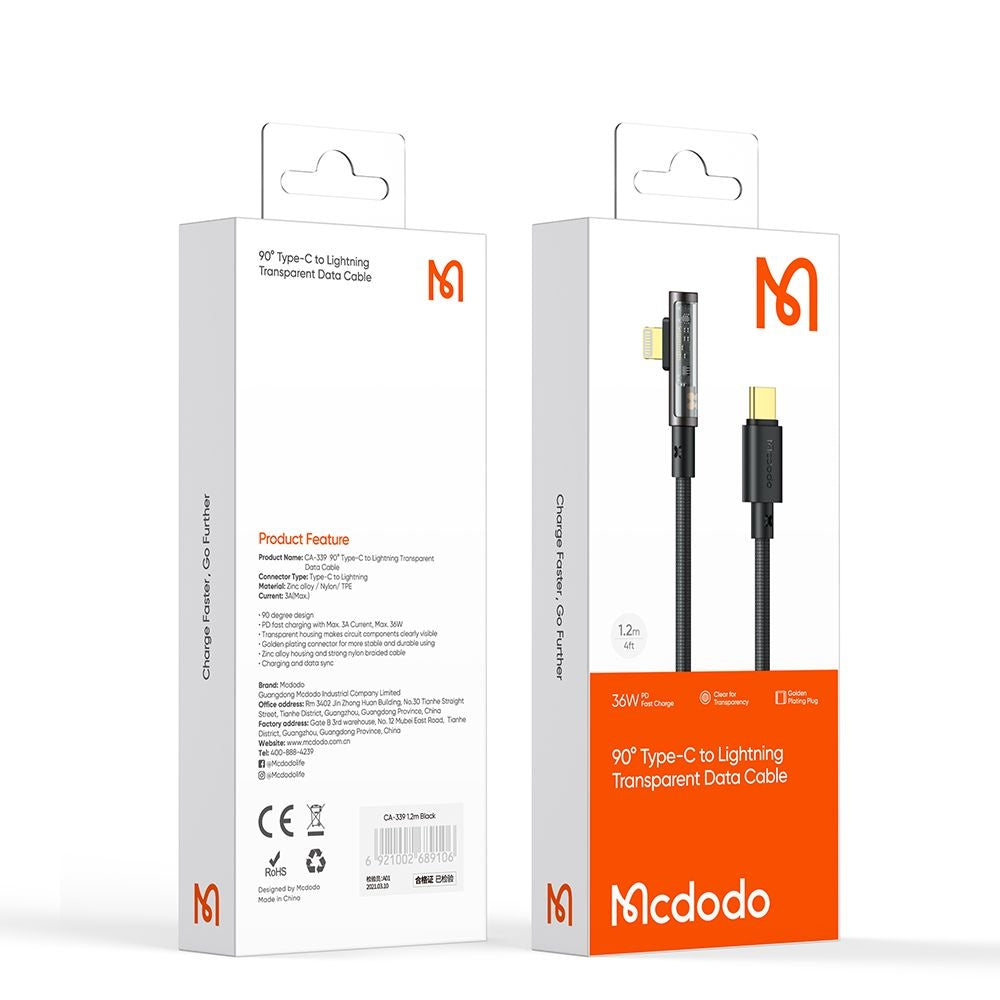 USB-C to Lightning McDodo CA-3390 Angled Data and Charging Cable, 36W, 1.2m, Black