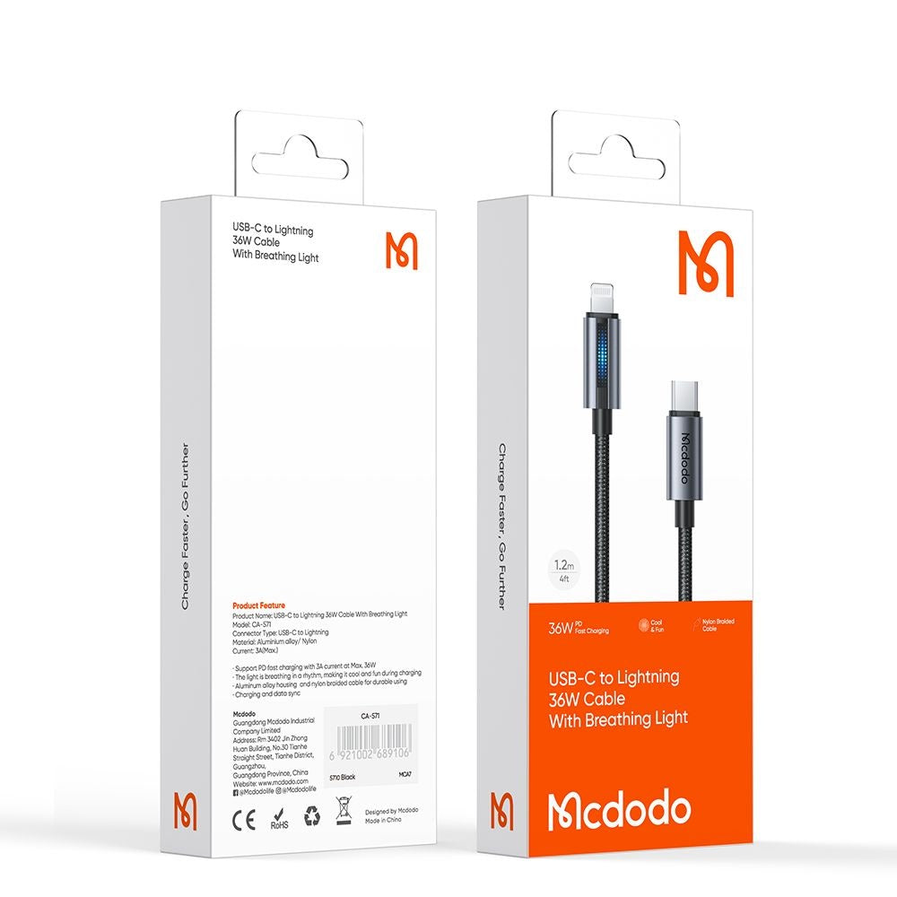 Kabel za podatke in polnjenje USB-C - Lightning McDodo CA-5710, 36W, 1.2m, črn