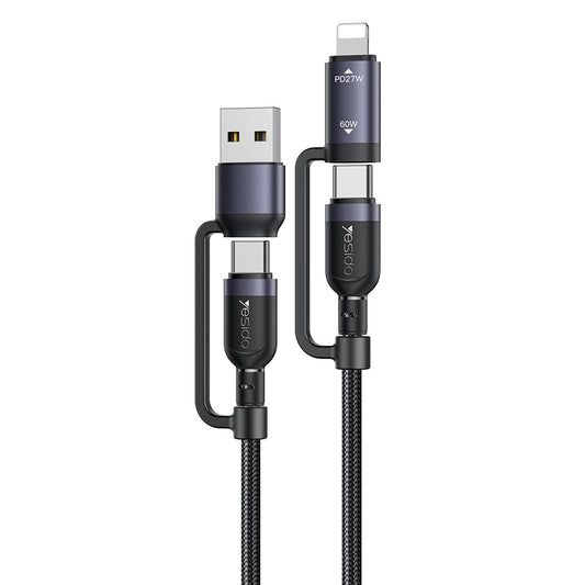 Podatkovni in polnilni kabel USB-C / USB-A - USB-C / Lightning Yesido CA200, 60W, 1,2 m, črn