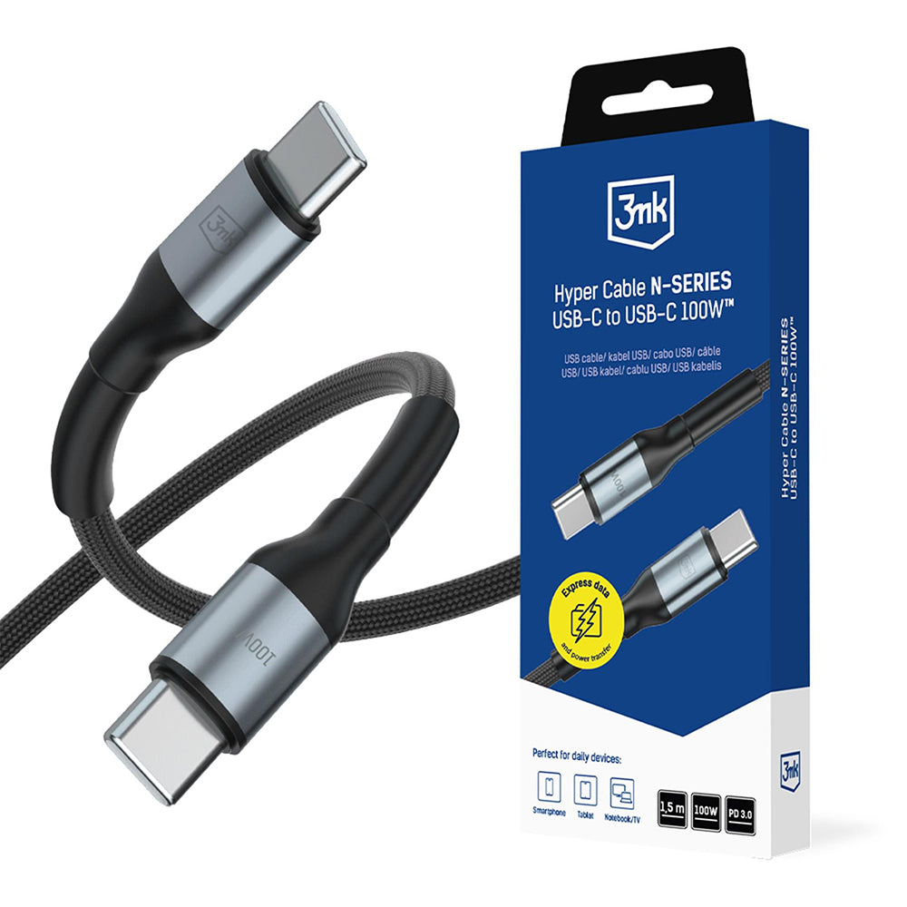USB-C podatkovni in polnilni kabel - USB-C 3MK Hyper N, 100W, 1,5 m, črn