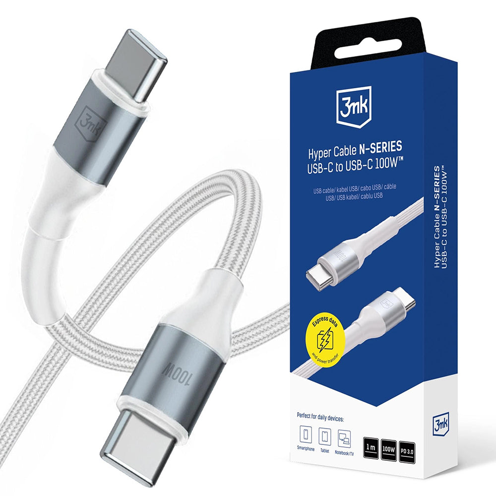 Kabel za podatke in polnjenje USB-C - USB-C 3MK Hyper N, 100W, 1m, Bel