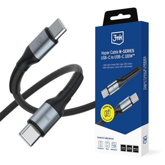 USB-C podatkovni in polnilni kabel - USB-C 3MK Hyper N, 100W, 3m, črn