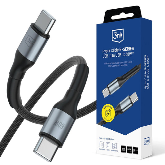 Kabel za podatke in polnjenje USB-C - USB-C 3MK Hyper N, 60W, 2m, črn