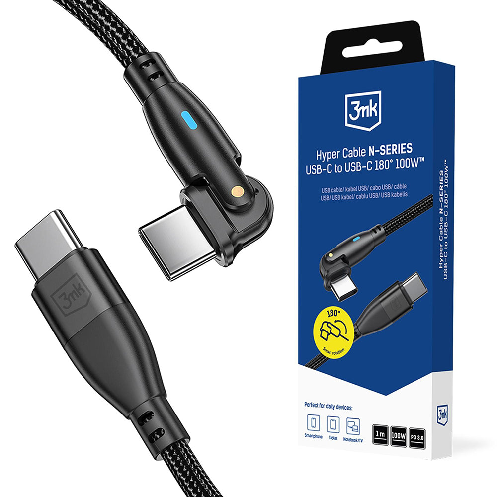 USB-C podatkovni in polnilni kabel - USB-C 3MK Hyper N pod kotom, 100W, 1m, črn
