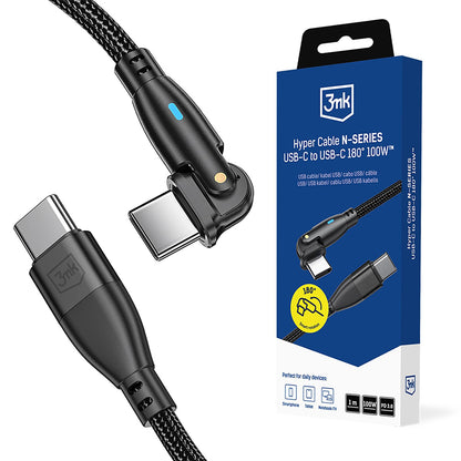 USB-C podatkovni in polnilni kabel - USB-C 3MK Hyper N pod kotom, 100W, 1m, črn