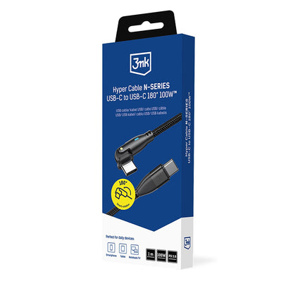 USB-C podatkovni in polnilni kabel - USB-C 3MK Hyper N pod kotom, 100W, 1m, črn