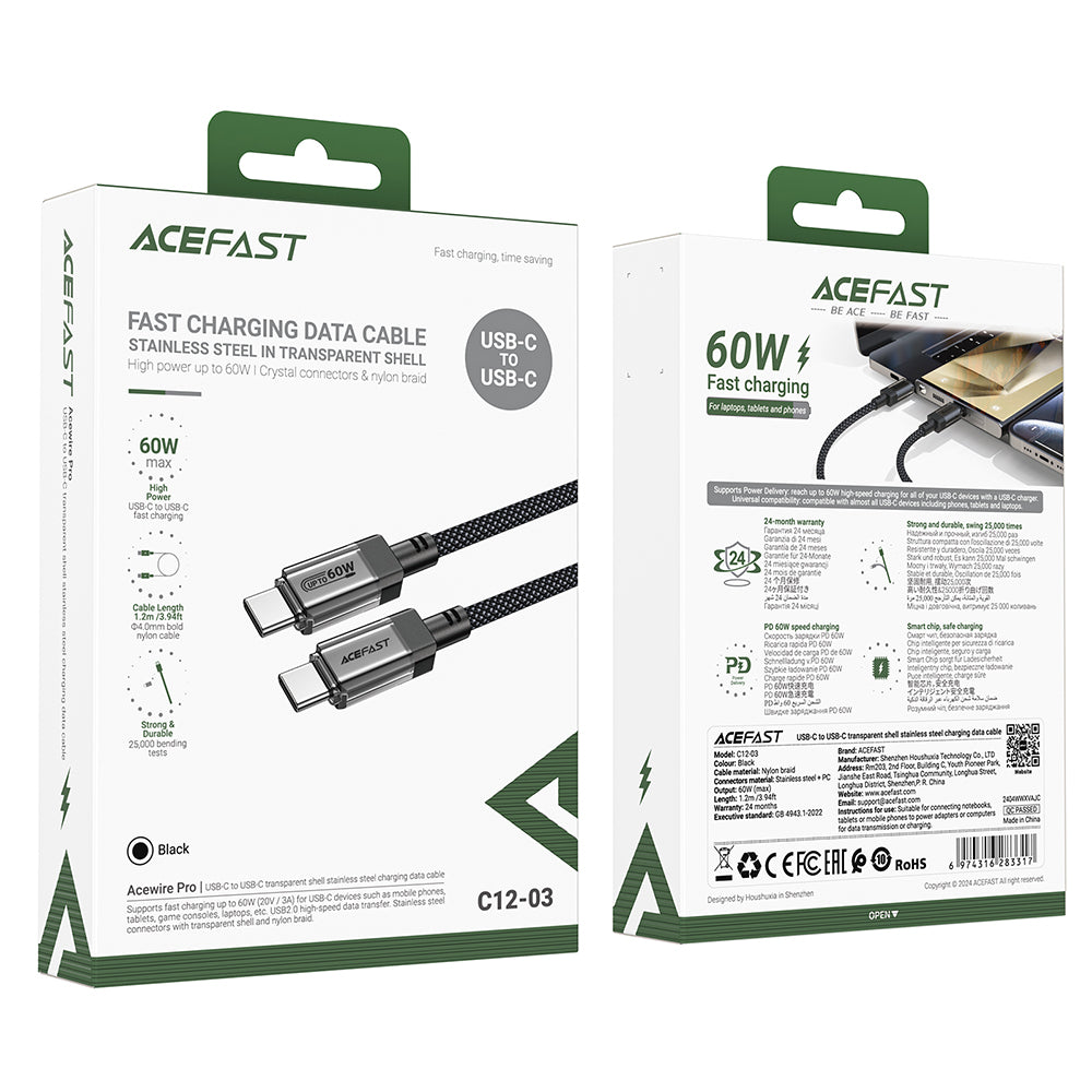 Podatkovni in polnilni kabel USB-C - USB-C Acefast C12-03, 60W, 1.2m, črn