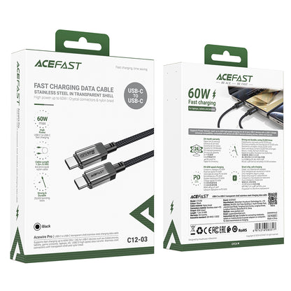 Podatkovni in polnilni kabel USB-C - USB-C Acefast C12-03, 60W, 1.2m, črn