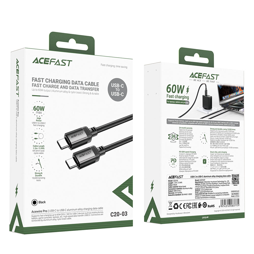 Kabel za podatke in polnjenje USB-C - USB-C Acefast C20-03, 60W, 1.2m, črn