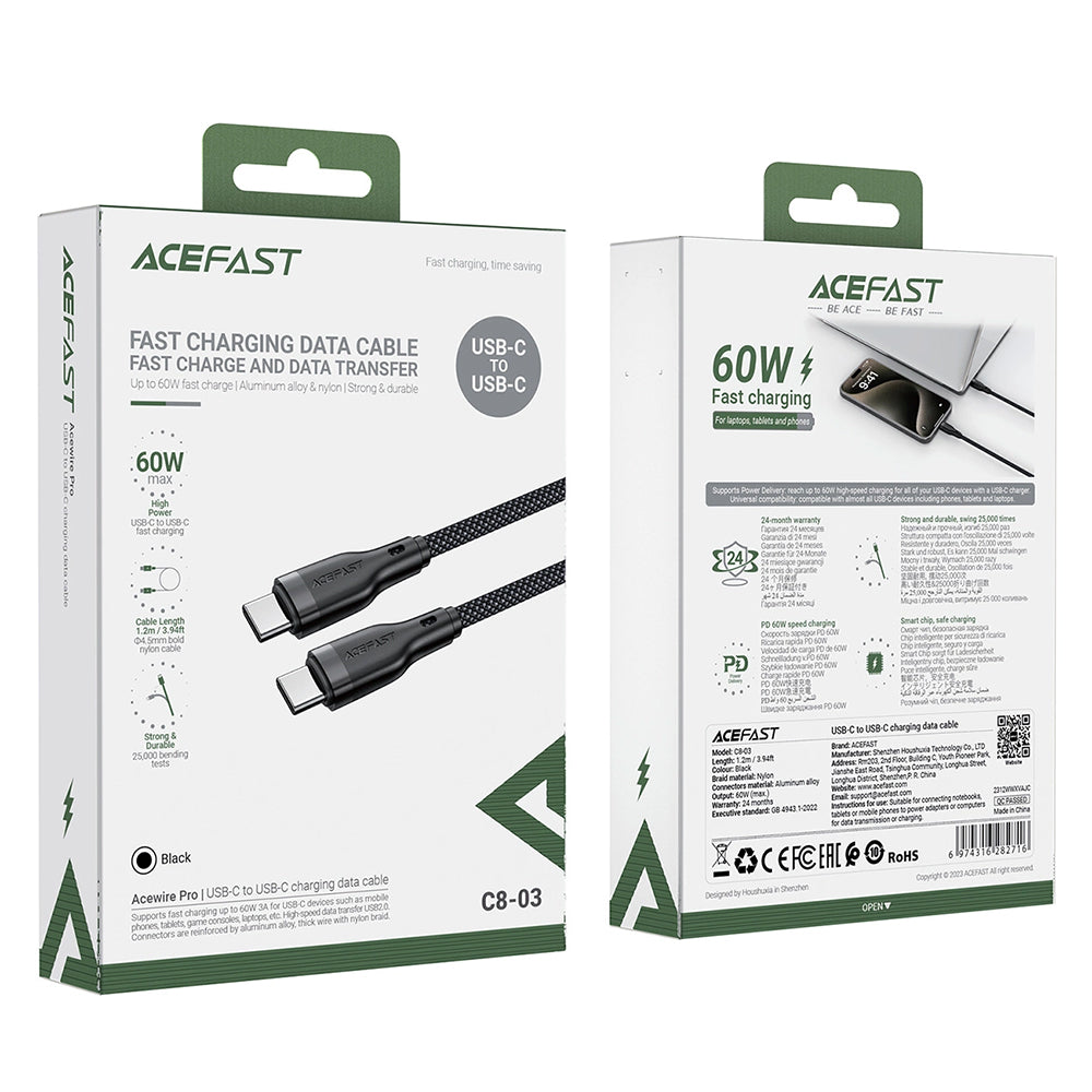 Kabel za podatke in polnjenje USB-C - USB-C Acefast C8-03, 60W, 1.2m, črn