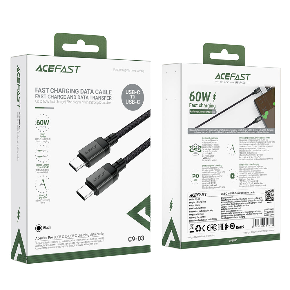 Podatkovni in polnilni kabel USB-C - USB-C Acefast C9-03, 60W, 1.2m, črn