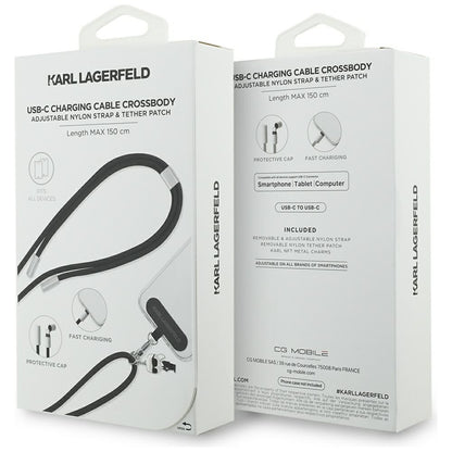 Kabel za prenos podatkov in polnjenje USB-C - USB-C Karl Lagerfeld Ikonik Charm, 100W, 1,5m, črn