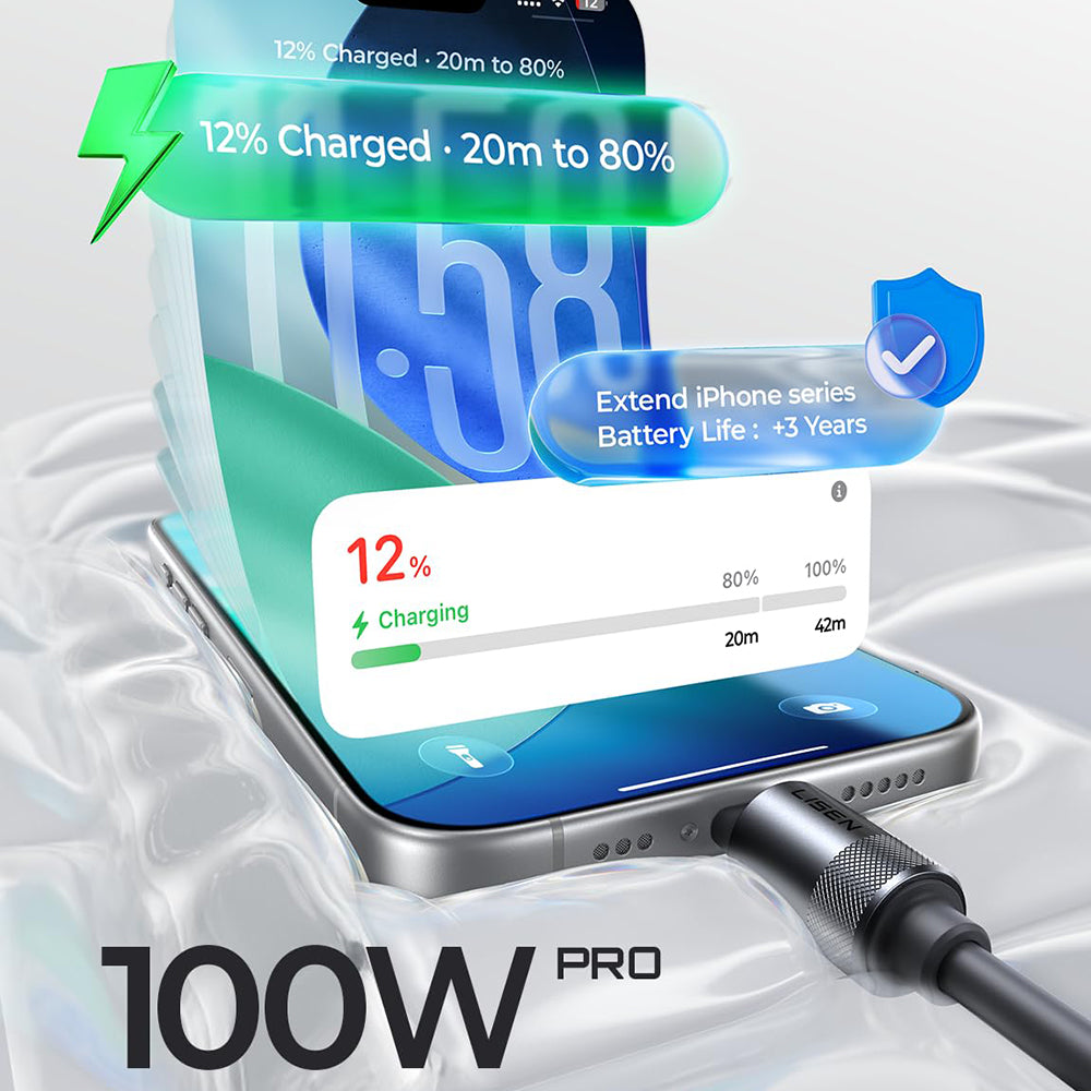 Podatkovni in polnilni kabel USB-C - USB-C Lisen L115, 100W, 3m, Siva YL0126010031