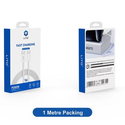 Podatkovni in polnilni kabel USB-C - USB-C Lito LD04CC, 60W, 1m, Bel