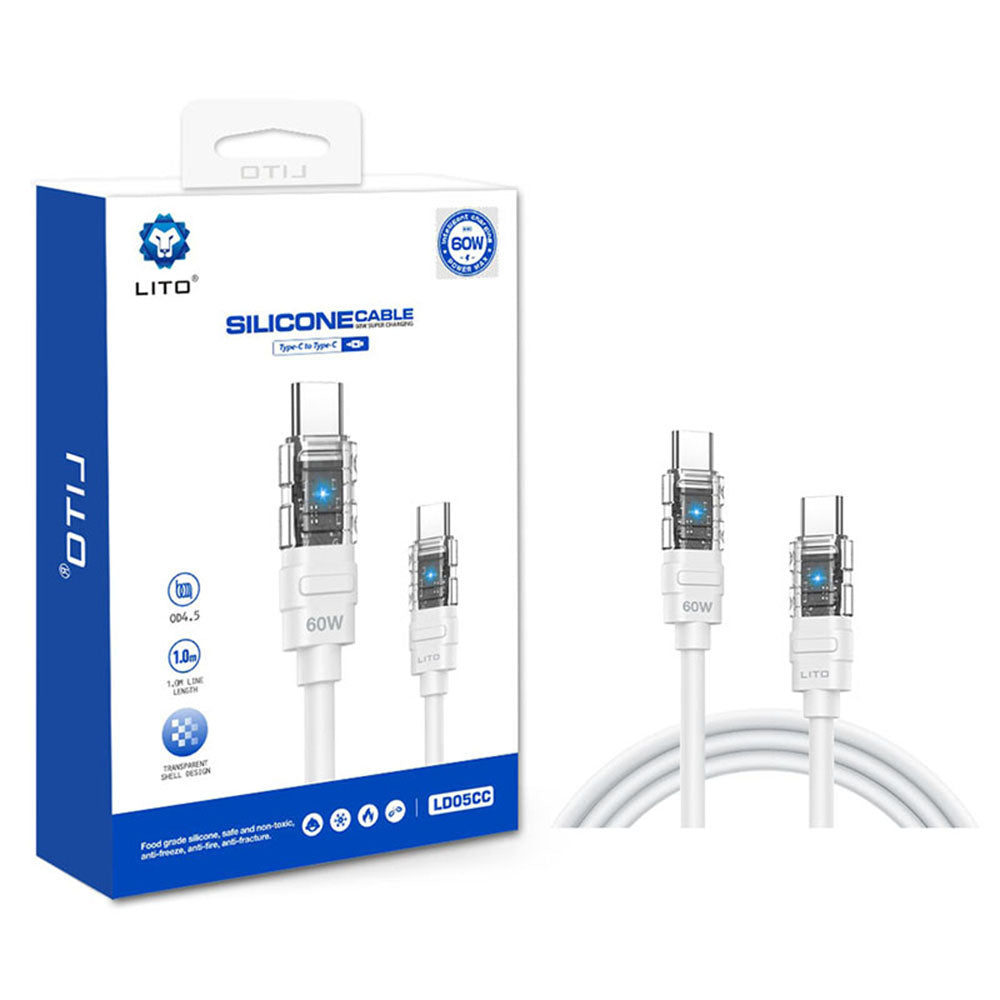 Kabel za podatke in polnjenje USB-C - USB-C Lito LD05, 60W, 1m, Bel