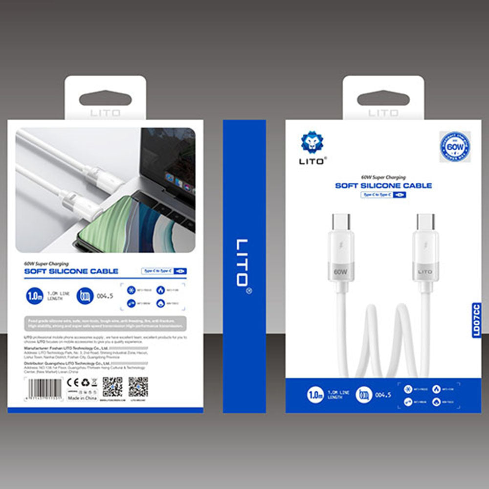 Podatkovni in polnilni kabel USB-C - USB-C Lito LD07, 60W, 1m, Bel