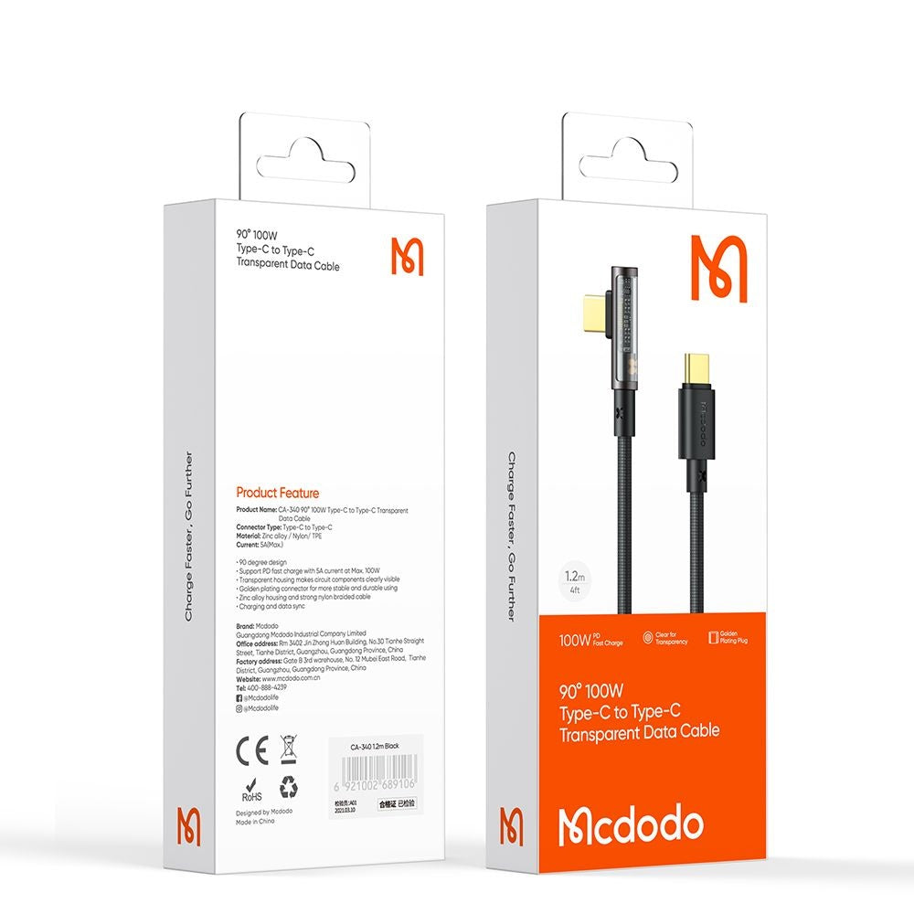 Kabel za podatke in polnjenje USB-C - USB-C McDodo CA-3400 Angled, 100W, 1.2m, Črn
