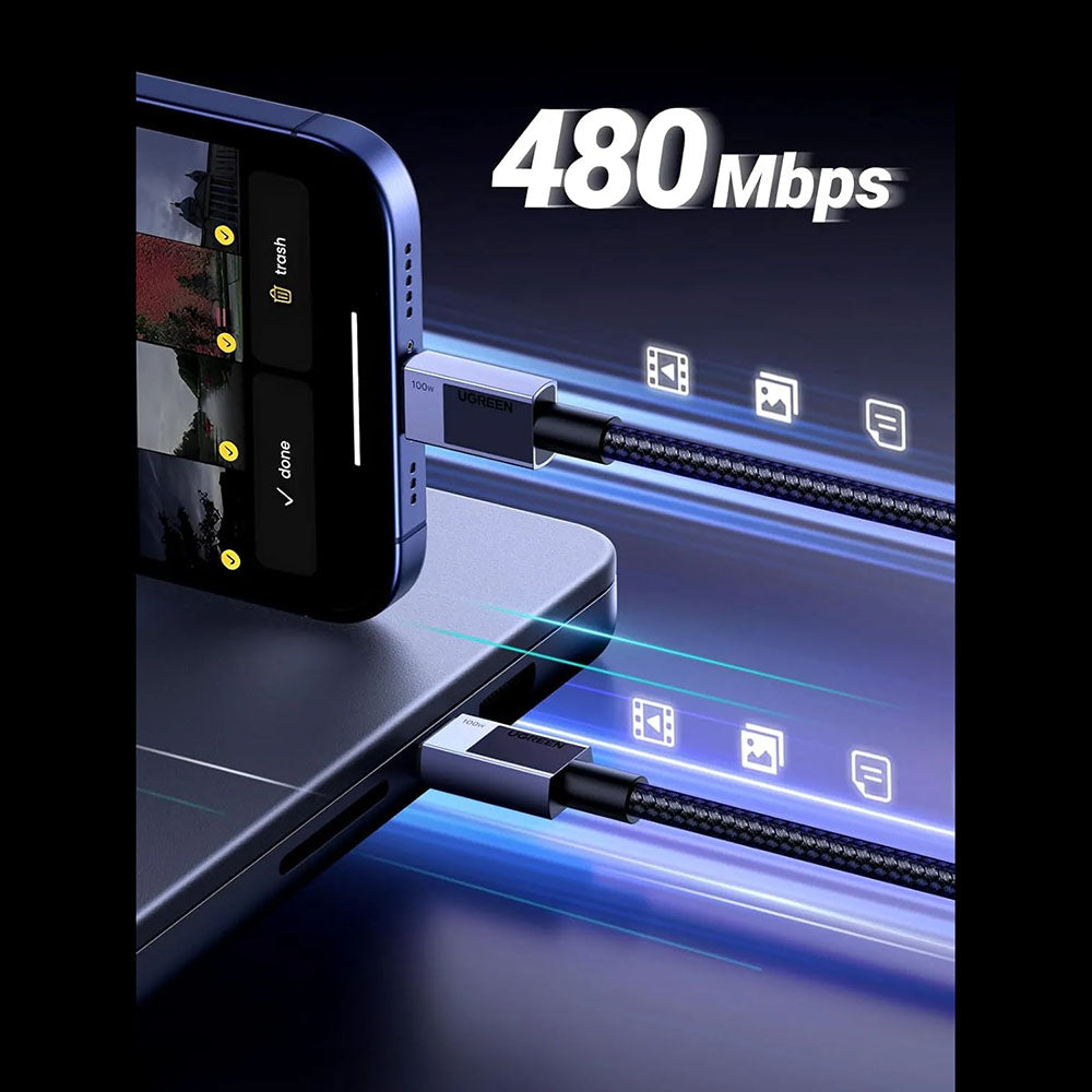 Kabel za prenos podatkov in polnjenje USB-C - USB-C UGREEN L512, 100W, 1m, Siv