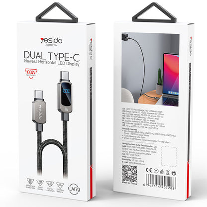 Kabel za prenos podatkov in polnjenje USB-C - USB-C Yesido CA179 Display, 100W, 1.2m, črn