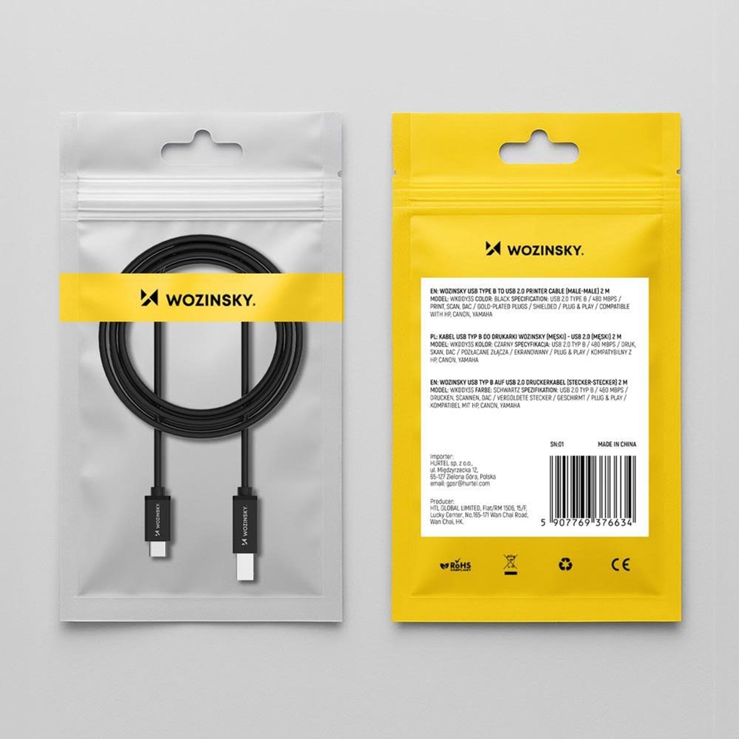 WZK WKDDY1S Printer Cable, USB-C - USB-B, 1m, Black
