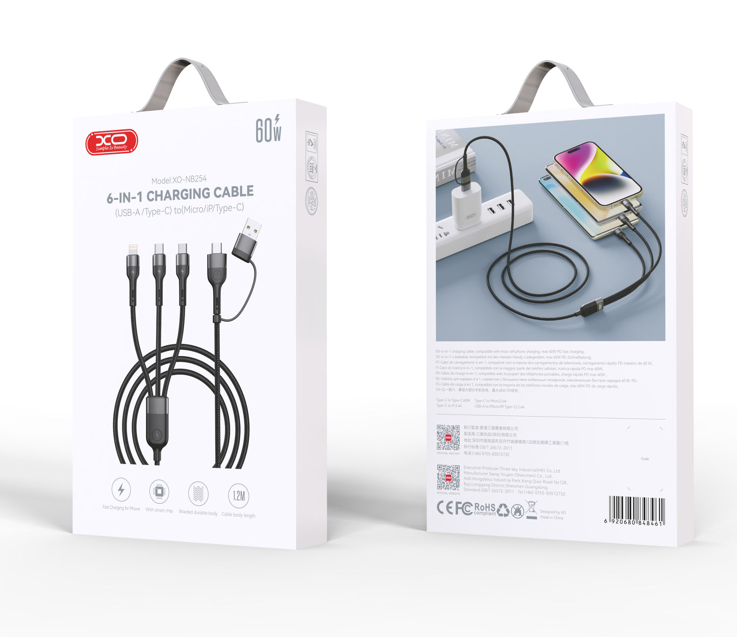 Polnilni kabel USB-A / USB-C - Lightning / microUSB / USB-C XO Design NB254 3v1, 60 W, 1,2 m, črn 