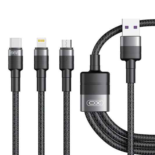 Kabel za polnjenje USB-A - Lightning / microUSB / USB-C XO Design NB-Q191 3in1, 66W, 1.2m, črn