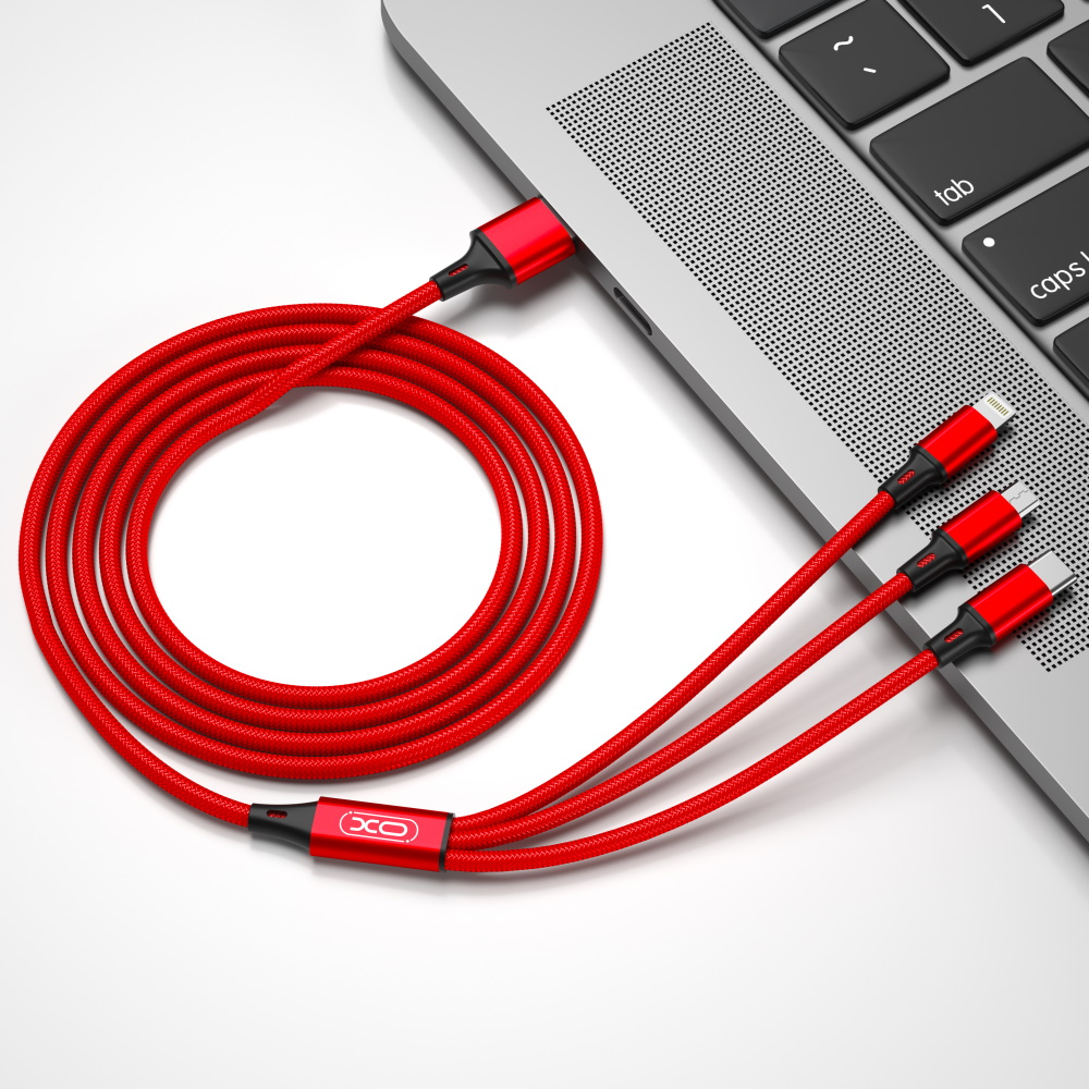 Kabel za polnjenje USB-A - Lightning / microUSB / USB-C XO Design NB173 3v1, 18W, 1.2m, Rdeča