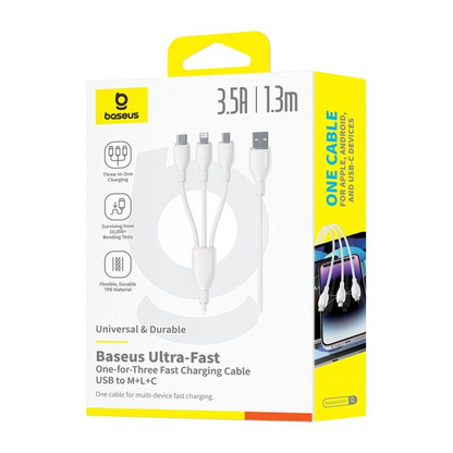 USB-A polnilni kabel - Lightning / microUSB / USB-C Baseus Ultra Fast 3v1, 18W, 1,3 m, bel P10376303211-00