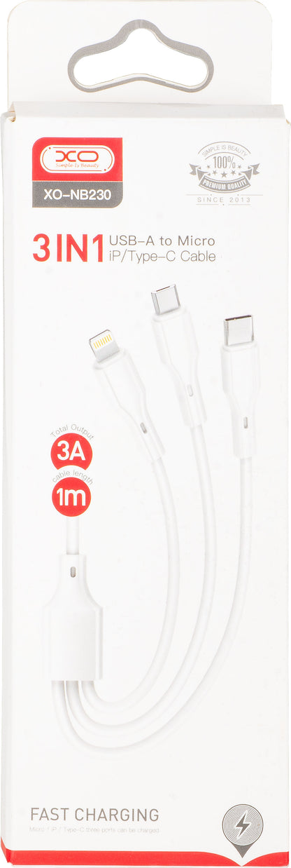 USB-A Charging Cable - Lightning / microUSB / USB-C XO Design NB230 3in1, 20W, 1m, White