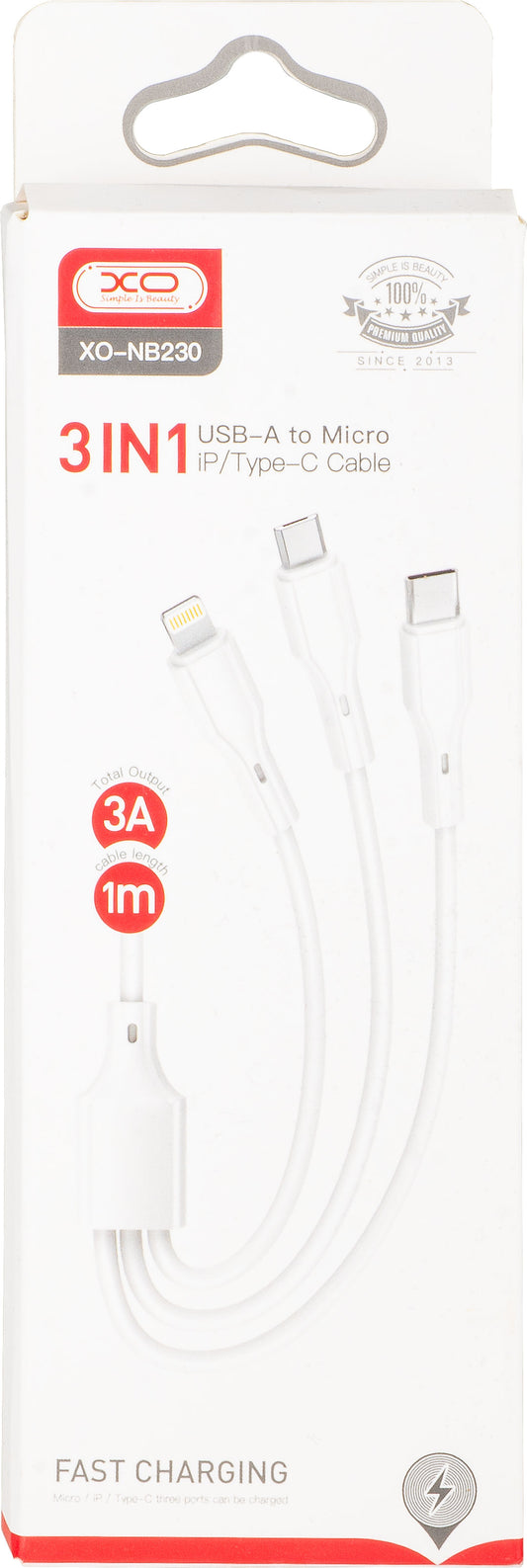 Polnilni kabel USB-A - Lightning / microUSB / USB-C XO Design NB230 3v1, 20W, 1m, Bel