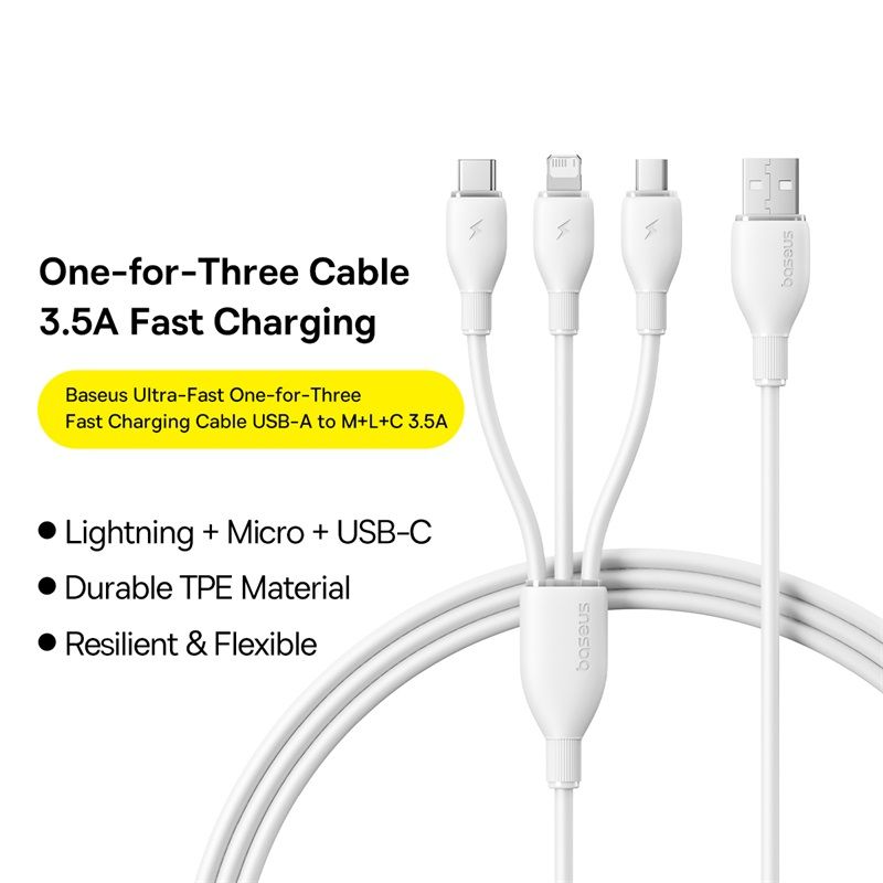 USB-A polnilni kabel - Lightning / microUSB / USB-C Baseus Ultra Fast 3v1, 18W, 1,3 m, bel P10376303211-00