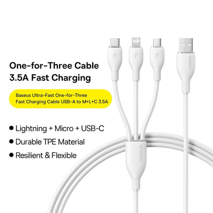 USB-A polnilni kabel - Lightning / microUSB / USB-C Baseus Ultra Fast 3v1, 18W, 1,3 m, bel P10376303211-00