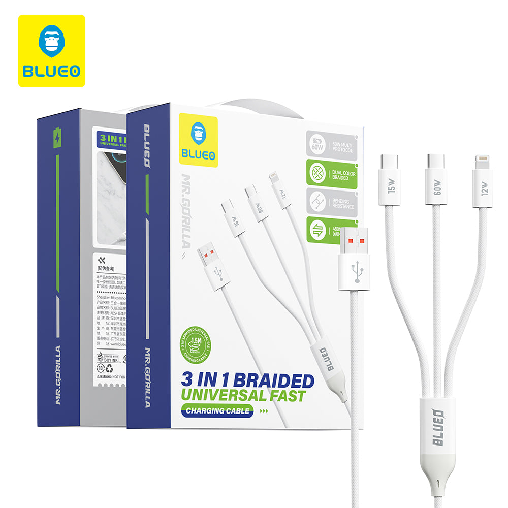 Polnilni kabel USB-A - Lightning / 2 x USB-C Blueo, 75W, 1.2m, Bel