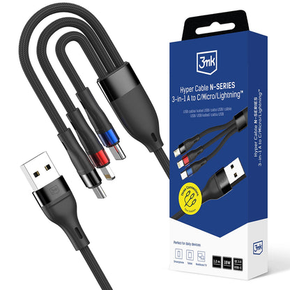 Kabel za polnjenje USB-A - Lightning / microUSB / USB-C 3MK Hyper N, 18W, 1.2m, črn