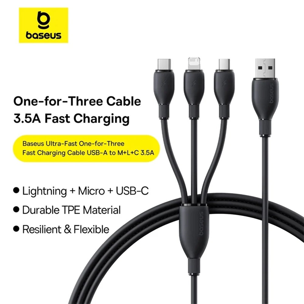 Kabel za polnjenje USB-A - Lightning / microUSB / USB-C Baseus Ultra Fast 3in1, 18W, 1.3m, Črn P10376303121-00