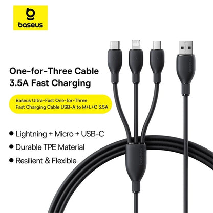 Kabel za polnjenje USB-A - Lightning / microUSB / USB-C Baseus Ultra Fast 3in1, 18W, 1.3m, Črn P10376303121-00