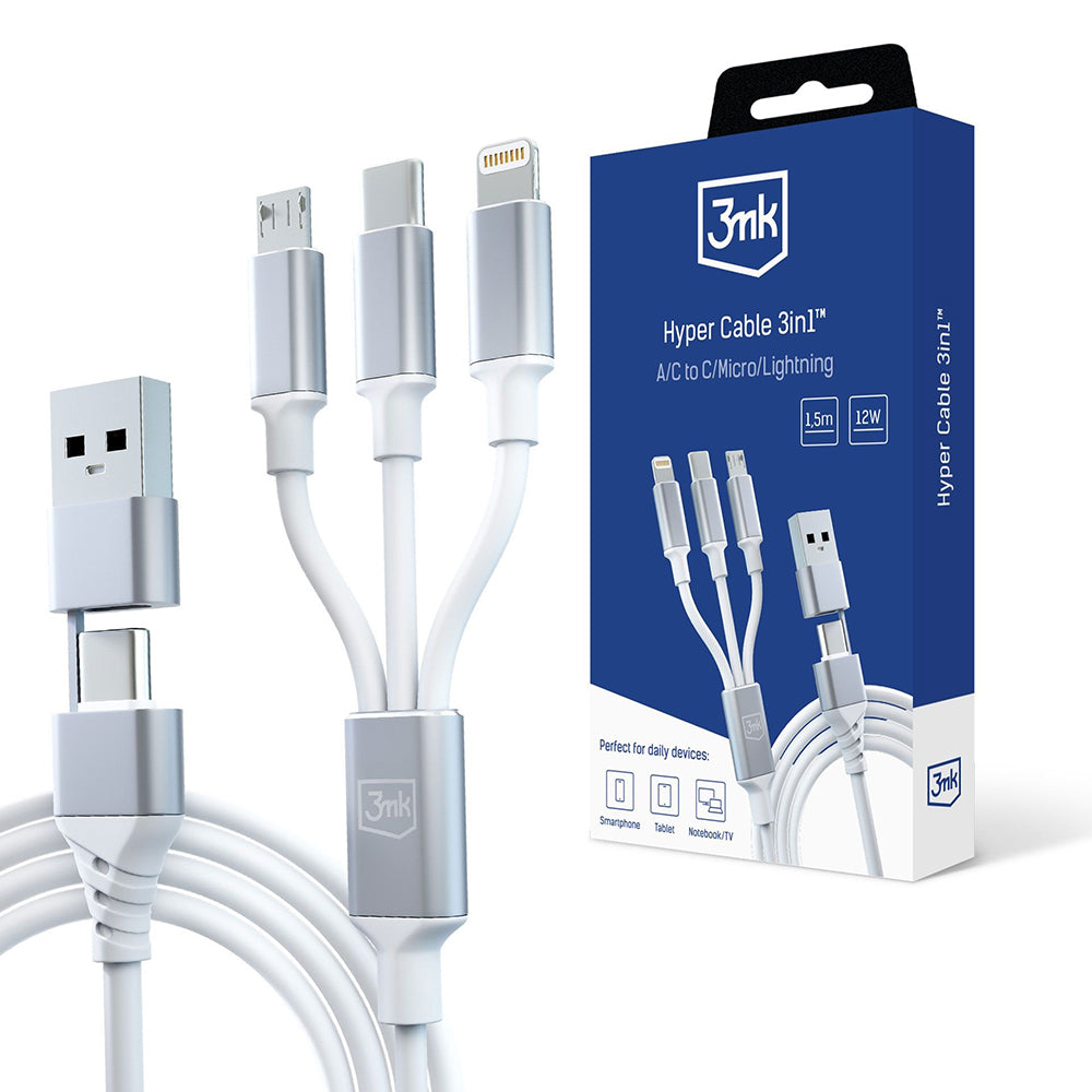 Kabel za polnjenje USB-A / USB-C - Lightning / microUSB / USB-C 3MK Hyper 3in1, 12W, 1.5m, Bel