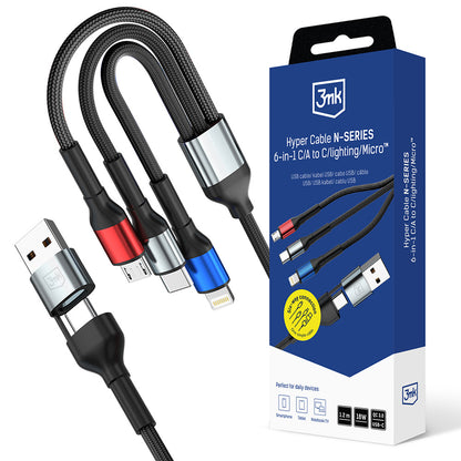 Polnilni kabel USB-A / USB-C - Lightning / microUSB / USB-C 3MK Hyper N, 18W, 1.2m, črn