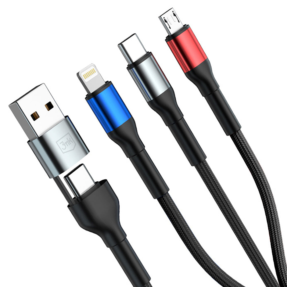 Polnilni kabel USB-A / USB-C - Lightning / microUSB / USB-C 3MK Hyper N, 18W, 1.2m, črn