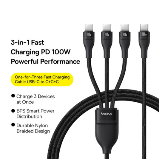 Kabel za polnjenje USB-C - 3 x USB-C Baseus Flash Series III 3in1, 100W, 1.5m, Črn P10377503111-00