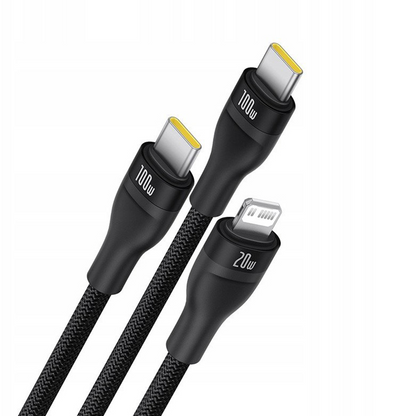 USB-C polnilni kabel - Lightning / 2 x USB-C Baseus Flash Series III 3in1, 100W, 1,5 m, črn, ponovno zapakiran P10377502111-00