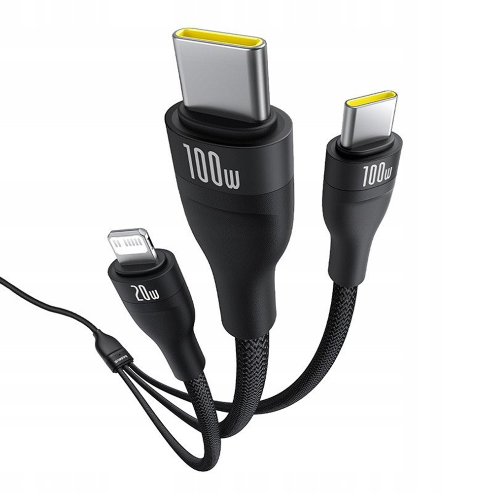 USB-C polnilni kabel - Lightning / 2 x USB-C Baseus Flash Series III 3in1, 100W, 1,5 m, črn, ponovno zapakiran P10377502111-00