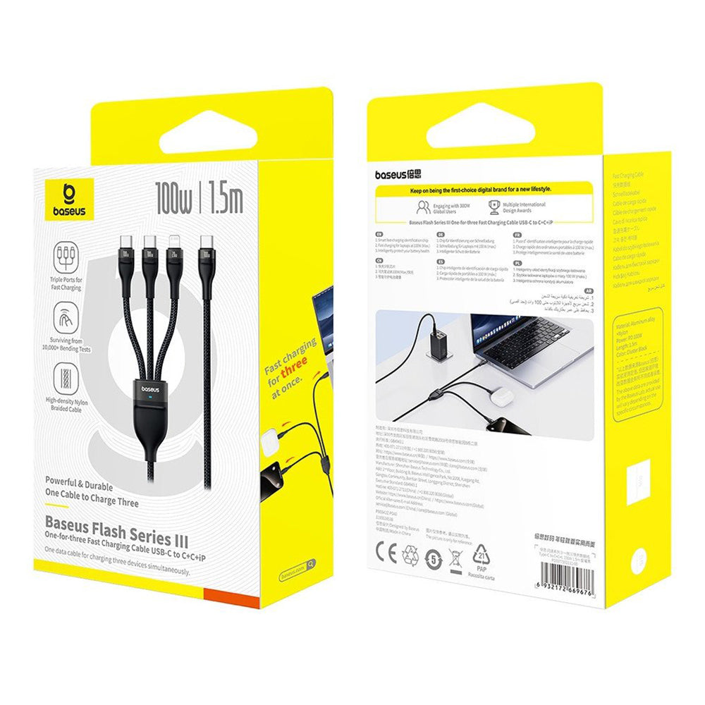 Kabel za polnjenje USB-C - Lightning / 2 x USB-C Baseus Flash Series III 3in1, 100W, 1.5m, Črn P10377502111-00