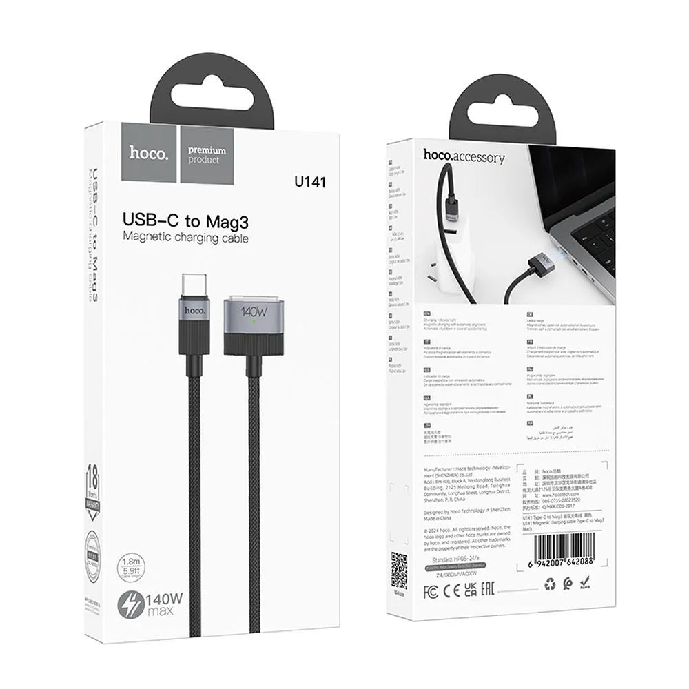 Polnilni kabel HOCO U141, USB-C - MagSafe 3, 140W, 1.8m, črn