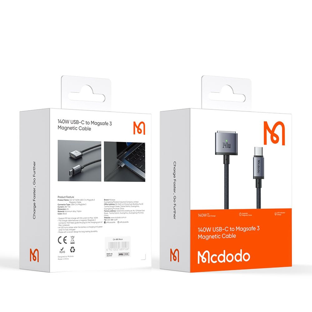 Polnilni kabel McDodo CA-1470, USB-C - MagSafe 3, 140W, 2m, črn